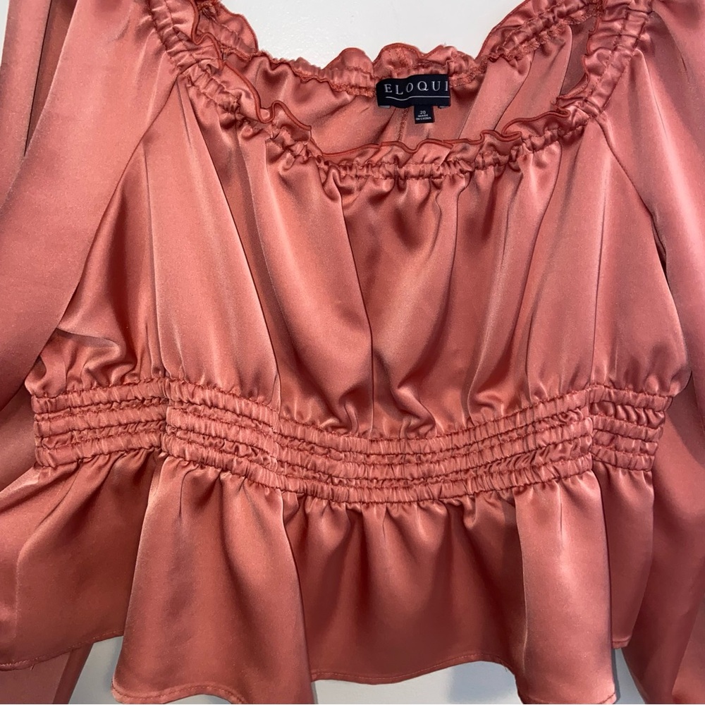 Eloquii Top Womens Plus Size 20 Pink Satin Puff Sleeve Peasant Shirt Milk Maid - Picture 6 of 9